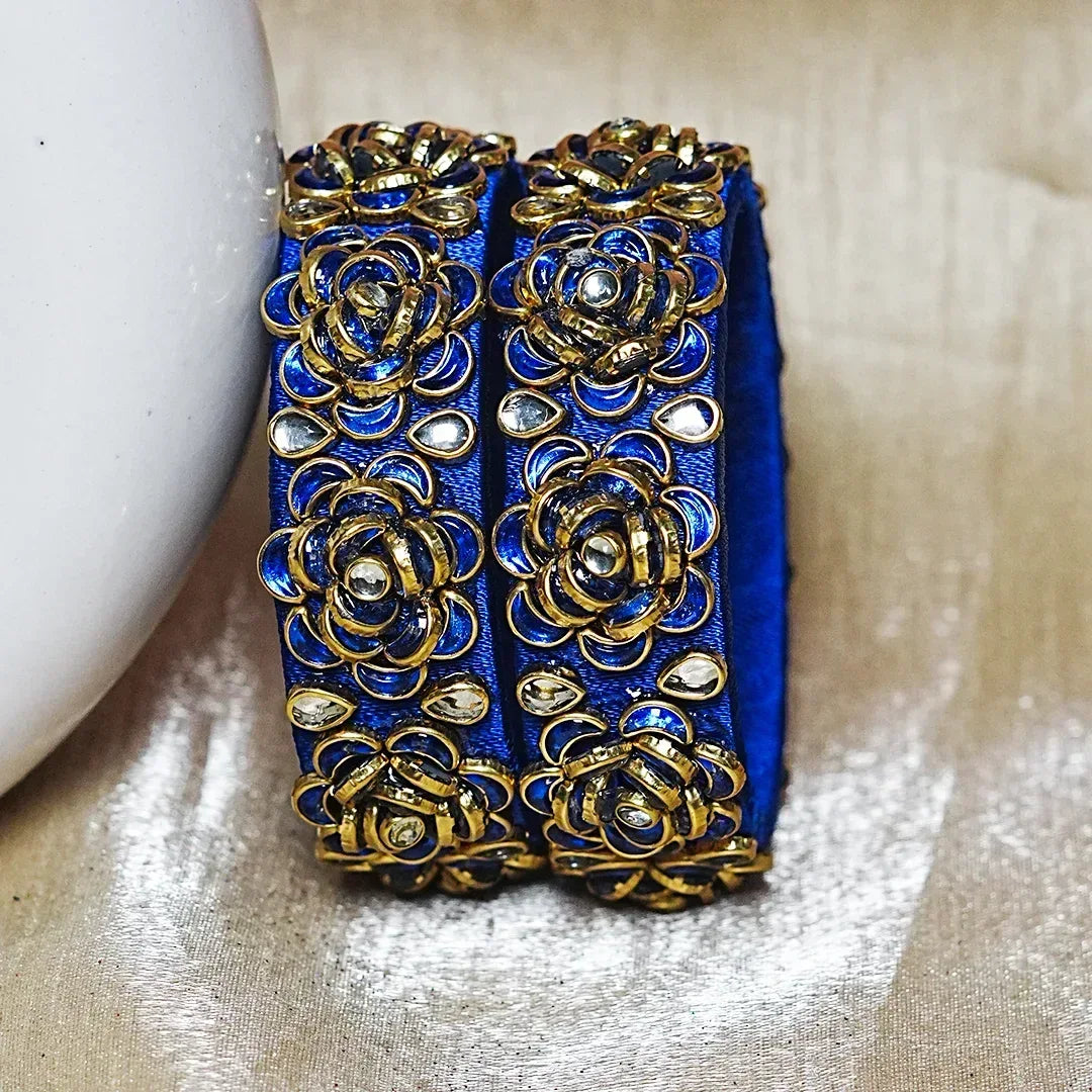 Handmade Thread Kada Bangle with Rose Motif and Kundan Work for Women & Girls (Pack of 2) - The Golden Cascade